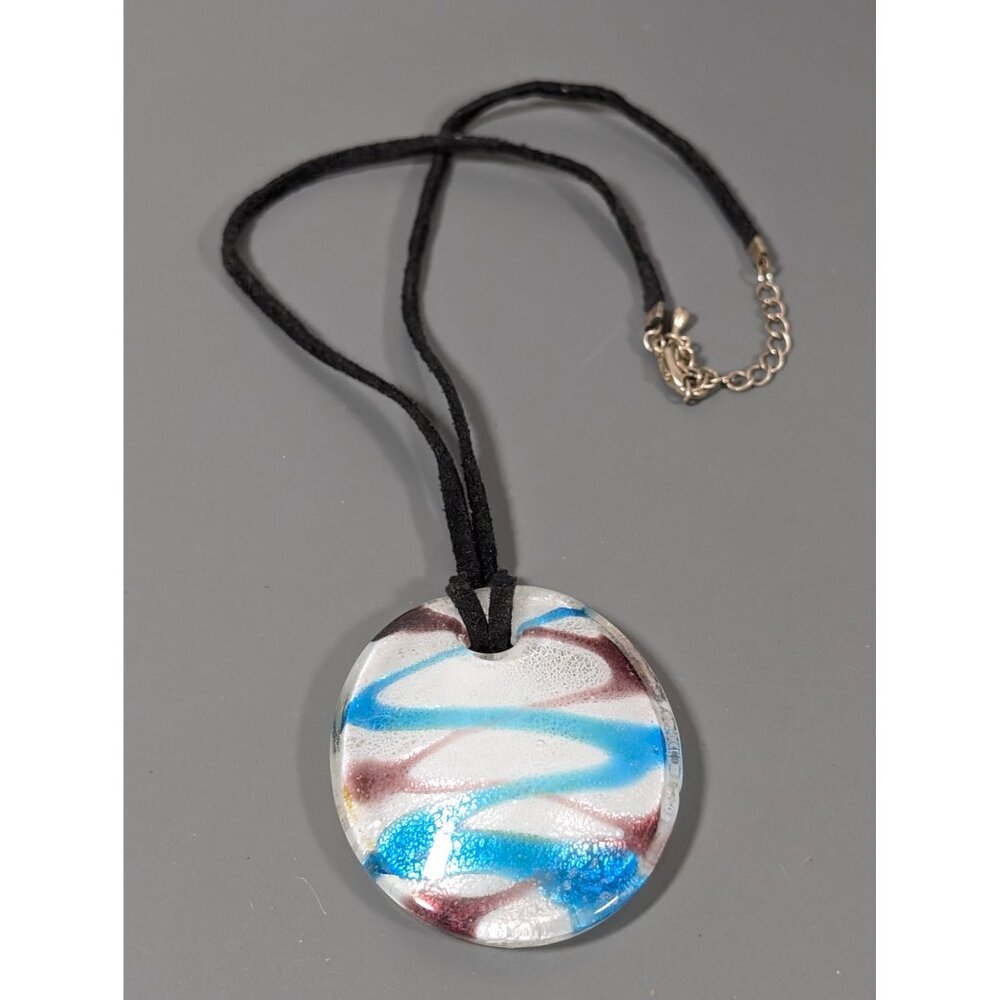 Artisan Hand Blown Glass‎ Dichroic Oval Pendant Blue Purple Spiral Cord Necklace